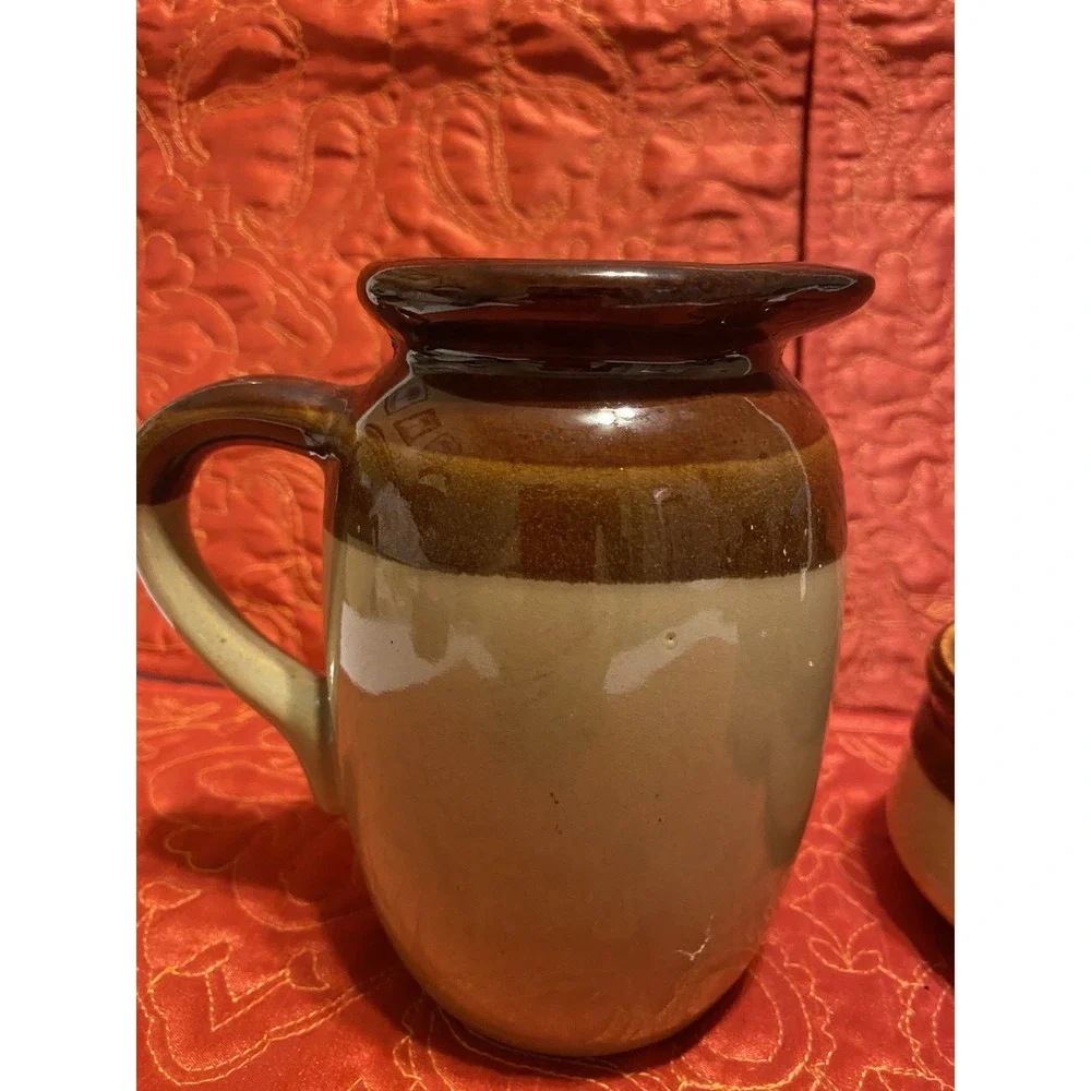 Vintage Brown Stoneware Milk Pitcher, Condiment Holder, Early‎ 20th Century